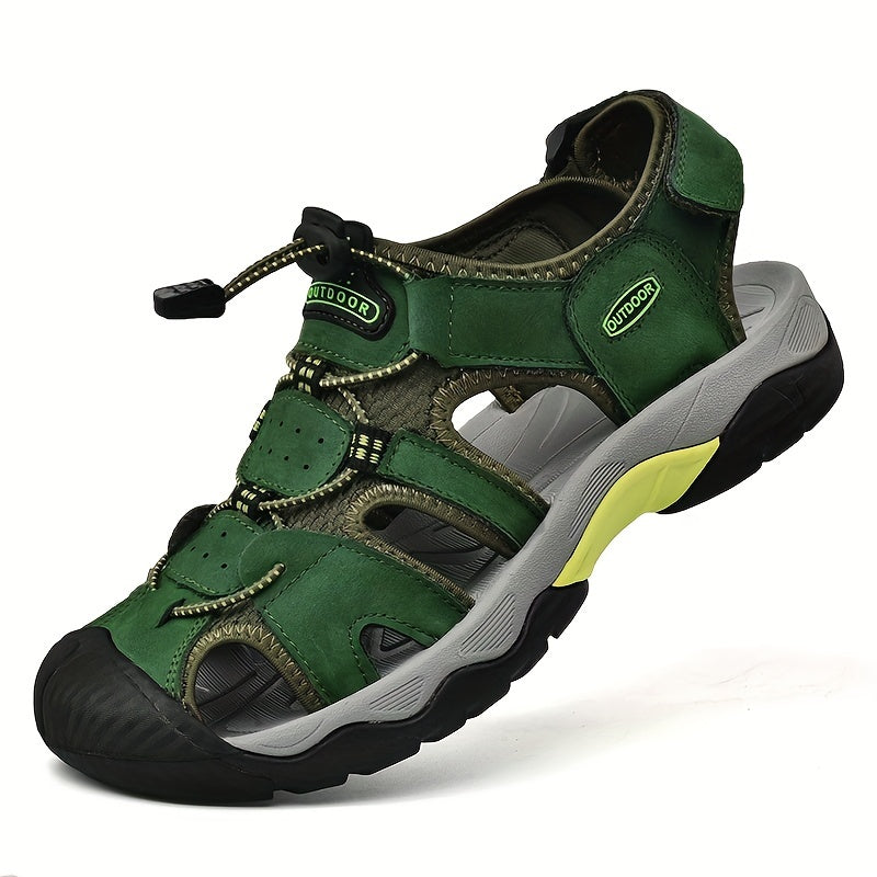Men's Genuine Leather Non-Slip Sandals - Lightweight Quick-Dry Beach Shoes with Adjustable Straps, Breathable Rubber Sole & Comfortable Round Toe for Summer Casual Wear