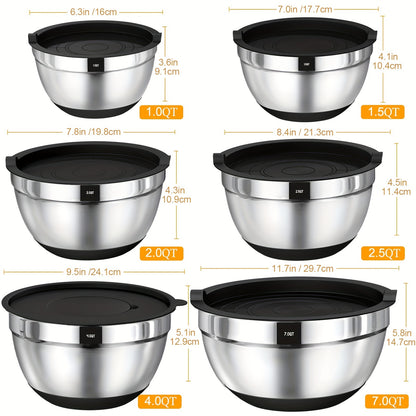 Mixing Bowls with Airtight Lids, 26pcs Stainless Steel Bowls Set 6 bowls & Lids + 20 kitchen tools, 3 Grater Attachments & Black Non-Slip Bottoms Size 7, 4, 2.5, 2.0, 1.5, 1QT, Great for Mixing & Serving