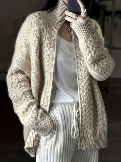 Plus Size Twist Textured Cardigan, Casual Long Sleeve Zipper Cardigan, Women's Plus Size Clothing