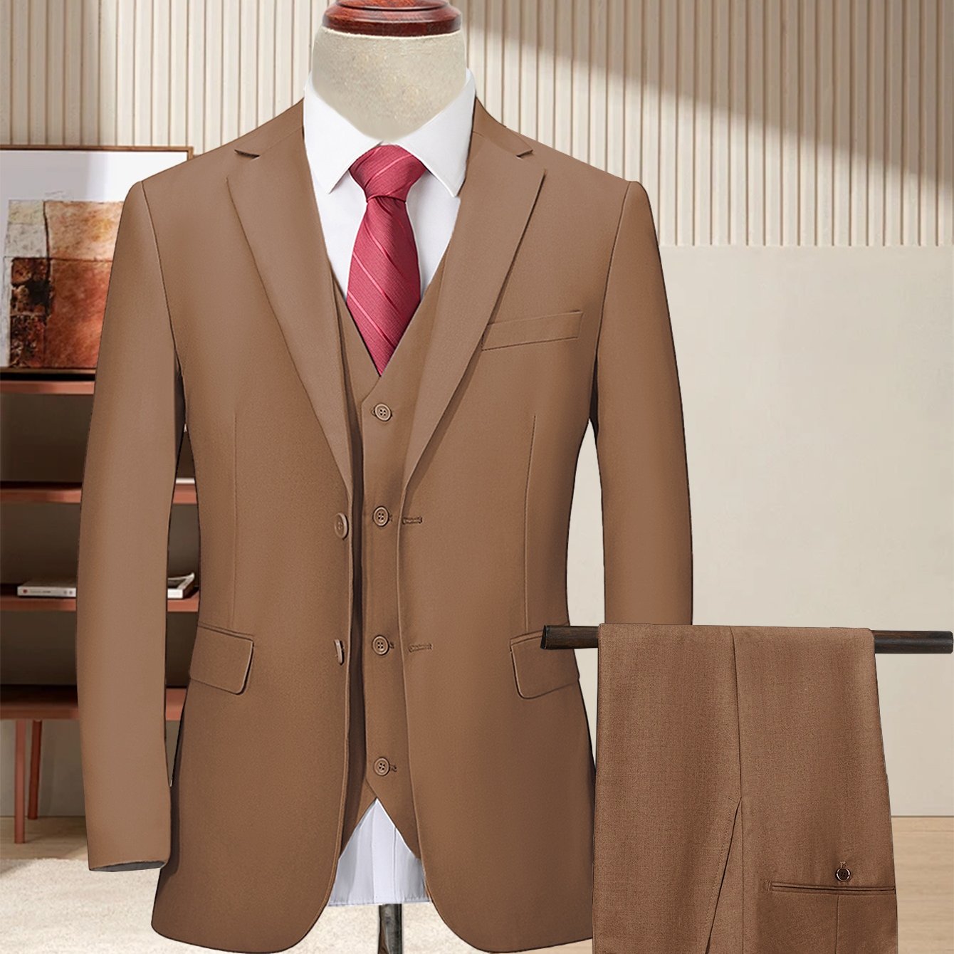 Men'S 3pcs Business Style Suit, Two Button Lapel Jacket Vest Trouser Set Solid Color Wedding Business Tuxedo Suit