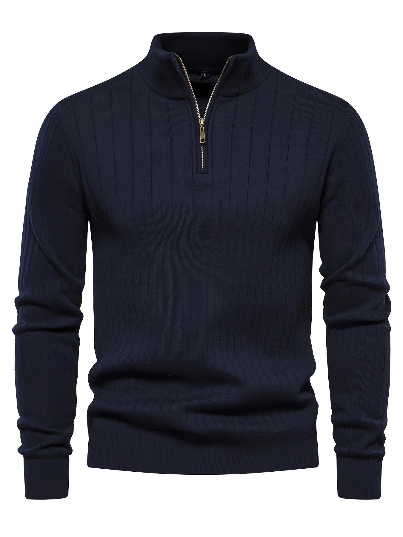 Men's Navy Blue Half-Zip Stand Collar Sweatshirt - Stretch Blend, Ribbed Texture, Long Sleeve - Ideal for Fishing & Walking in Fall/Winter