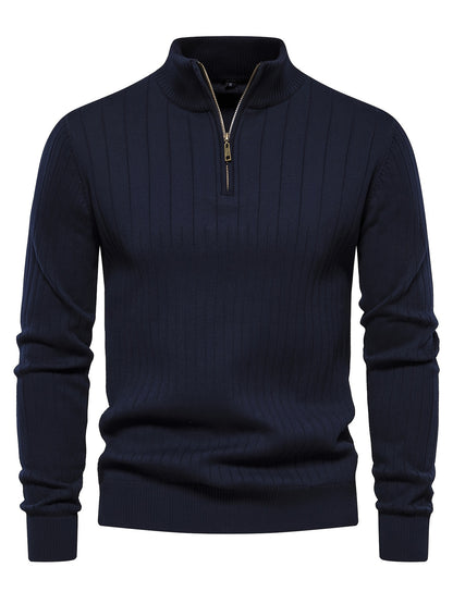 Men's Navy Blue Half-Zip Stand Collar Sweatshirt - Stretch Blend, Ribbed Texture, Long Sleeve - Ideal for Fishing & Walking in Fall/Winter