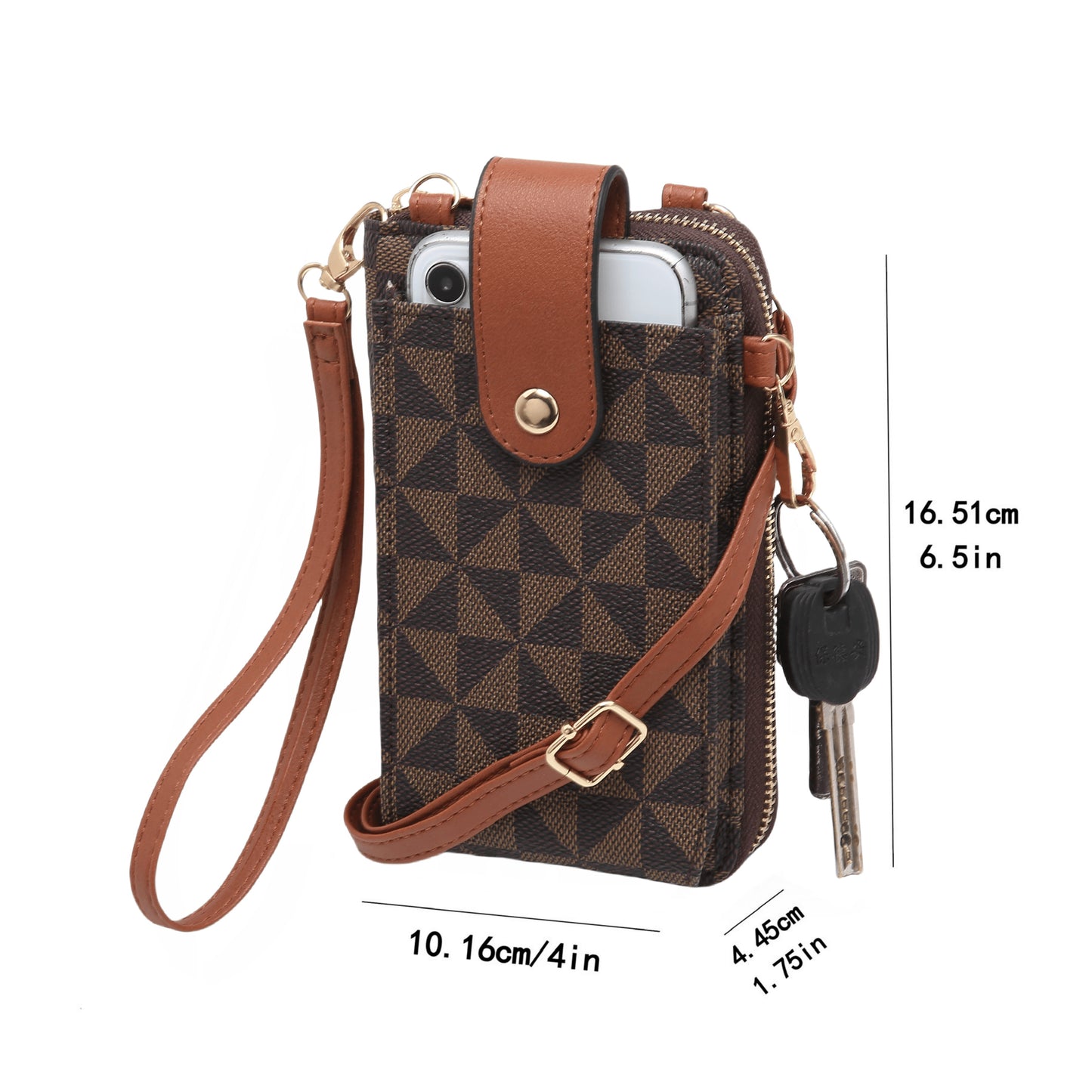 RAGSTO Women's Compact Crossbody Phone Wallet - Chic Mini Shoulder Bag with Adjustable Strap, Multiple Credit Card Slots & Zipper Closure, Black & Brown Geometric Pattern, Perfect Valentine's Day Gift for Her, Casual Crossbod