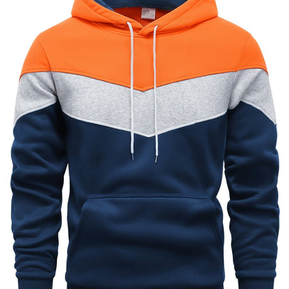 Mens Color Block Hooded Pullover Hoodie - Soft Slight Stretch Polyester Fabric, Long Sleeve, Regular Fit, Contrast Collar, Kangaroo Pocket, Hand Wash Only - Perfect Winter and Fall Streetwear Gift for Him