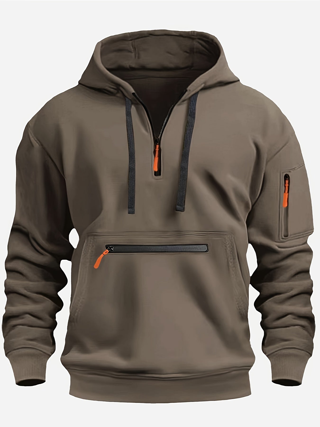220gsm 100% Polyester Long Sleeve Hoodie - Men's Solid Color Regular Fit Casual Pullover with Zipper Pocket for Fall/Winter