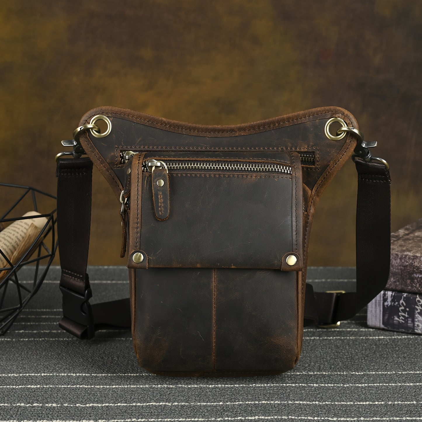 Men's Genuine Leather Vintage Sling Bag - Casual Classic Brown Travel Fanny Pack with Multiple Zippered Pockets & Adjustable Strap