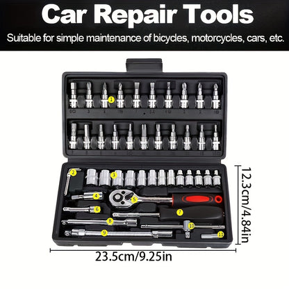 216/46pcs High Quality Multifunctional Heat Treated Chrome Vanadium Steel Ultimate Car Mechanic Tool Set, Premium Torque Wrench Set, Ultra Portable, Integrated Solution for Car, Bike And Motorcycle Maintenance