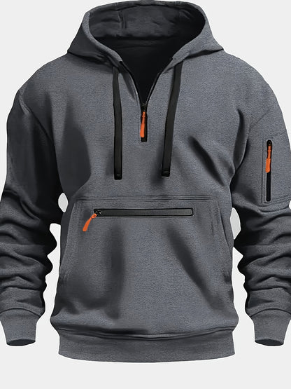 220gsm 100% Polyester Long Sleeve Hoodie - Men's Solid Color Regular Fit Casual Pullover with Zipper Pocket for Fall/Winter