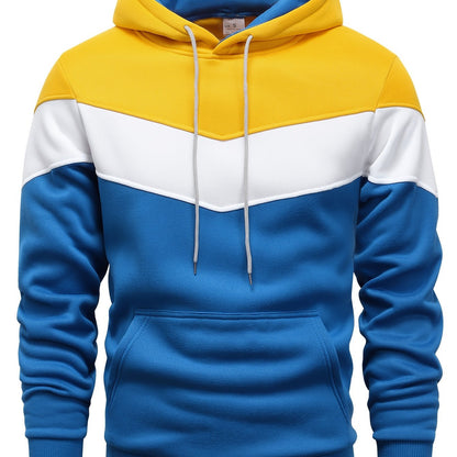 Mens Color Block Hooded Pullover Hoodie - Soft Slight Stretch Polyester Fabric, Long Sleeve, Regular Fit, Contrast Collar, Kangaroo Pocket, Hand Wash Only - Perfect Winter and Fall Streetwear Gift for Him