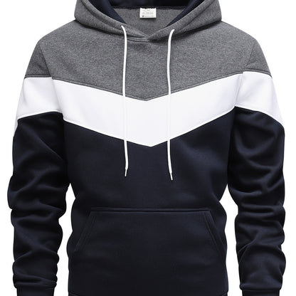 Mens Color Block Hooded Pullover Hoodie - Soft Slight Stretch Polyester Fabric, Long Sleeve, Regular Fit, Contrast Collar, Kangaroo Pocket, Hand Wash Only - Perfect Winter and Fall Streetwear Gift for Him