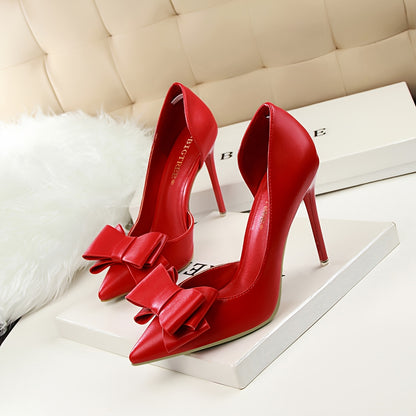 Elegant Bowknot Stilettos - Fashion Pointed-Toe Pumps with Cut-Out Side Design, Decorative Heel, and Slip-Resistant Soles for Women