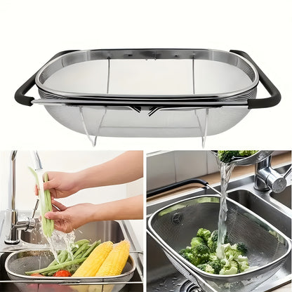 Expandable Stainless Steel Filter with Fine Mesh And Drain Basket - Suitable for Vegetables And Fruits, Kitchen Essentials, Food Safety, Filtered Vegetables
