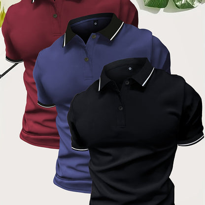 3Pcs Breathable Men's Golf Shirt, Regular Fit V-Neck Short Sleeve Casual T-Shirt for Summer