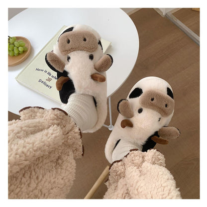 Fuzzy Cute Cow Slippers For Women Winter Warm Cozy Animal Fluffy Kawaii House Slippers Cute Slippers
