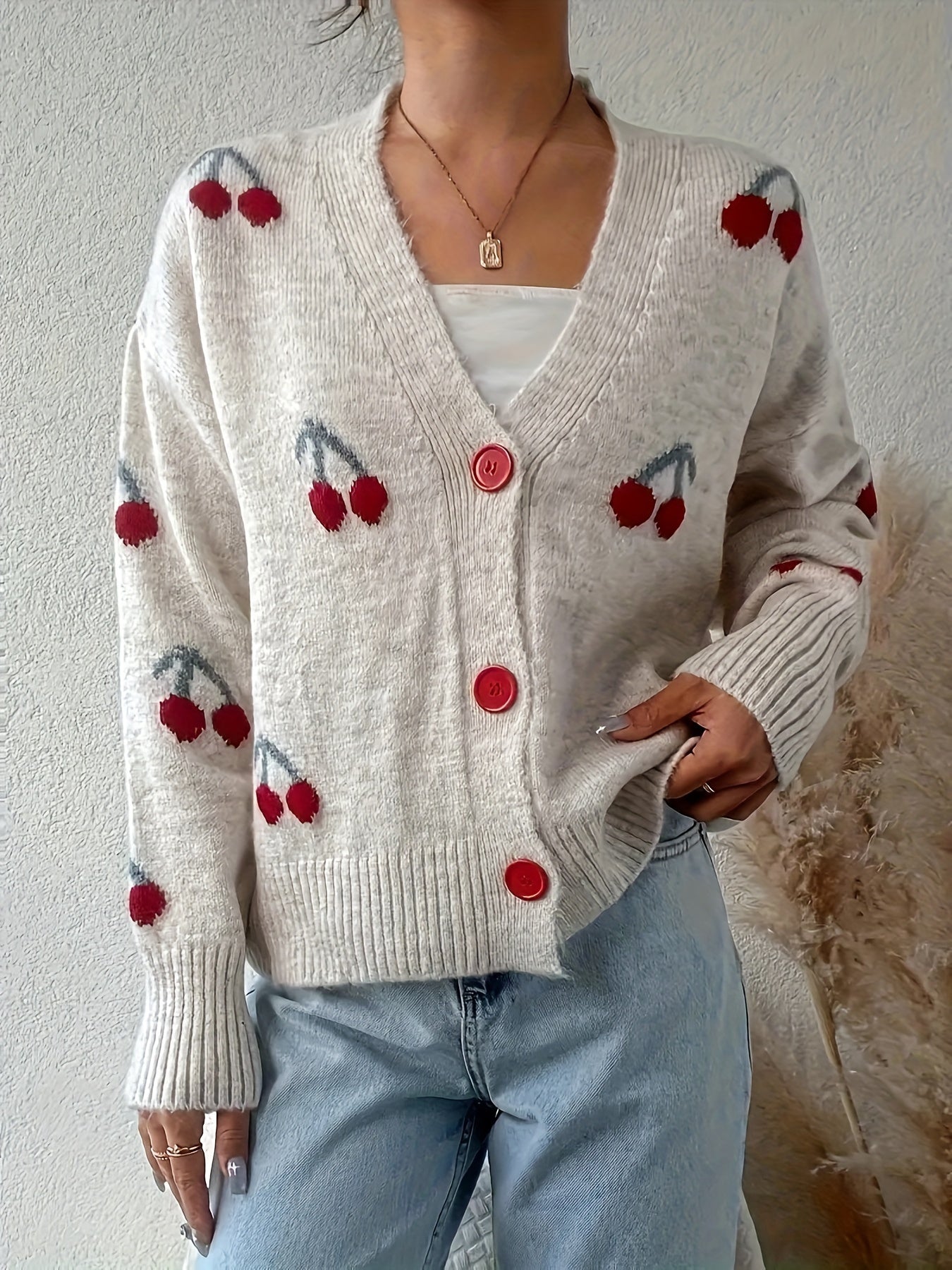 Elegant Cherry-Embellished V-Neck Cardigan - Cozy Knit Sweater for Women, Perfect for Fall/Winter