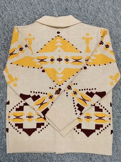 1pc Retro Men'S Casual Acrylic Knit Cardigan - Geometric Pattern, Stretch Fabric, Regular Fit, Lapel Collar, Long Sleeve Leisure Top for Spring Fall Outdoor Holiday