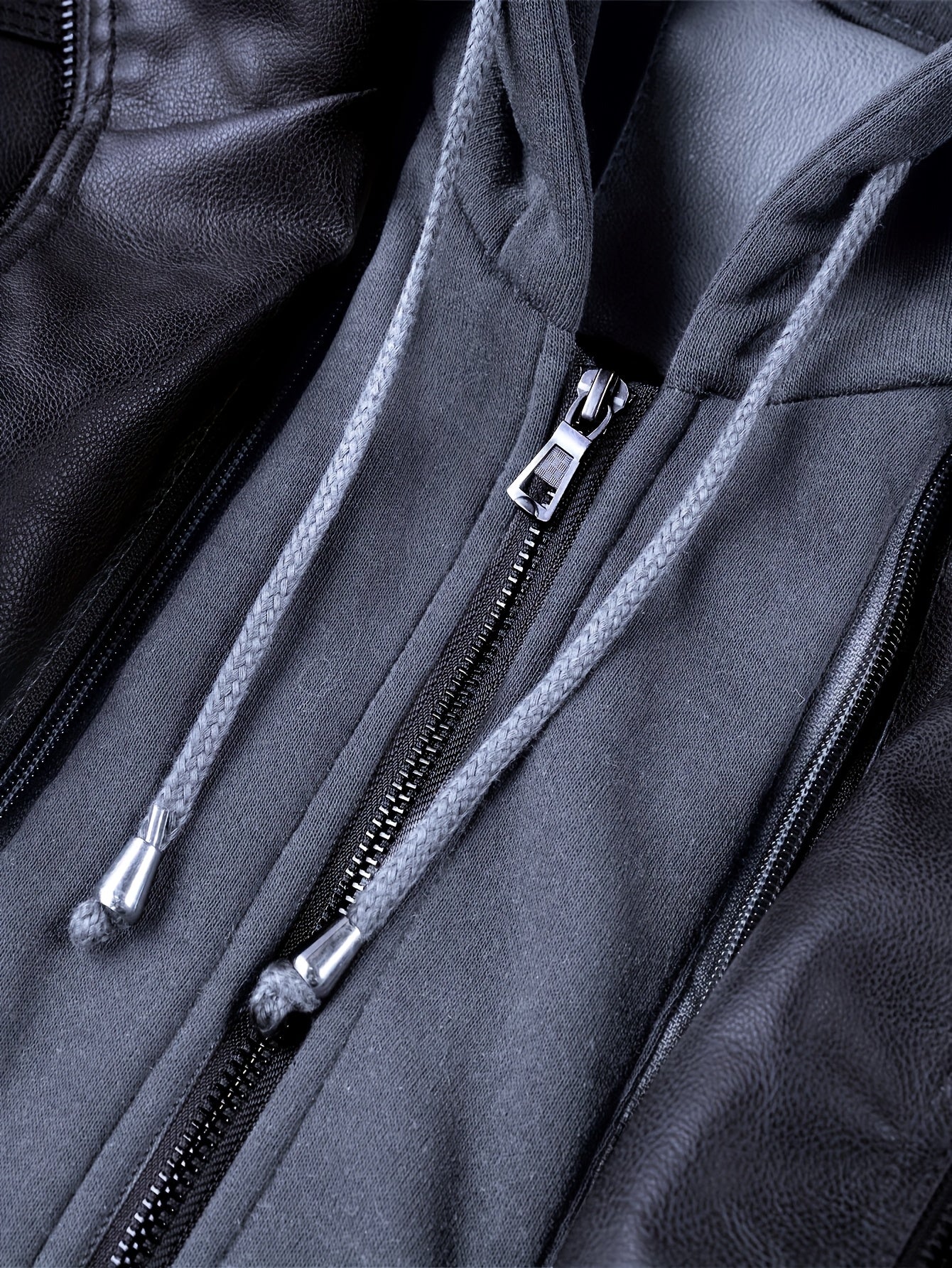 Men's Casual Stand Collar PU PU Leather Zip-Up Motorcycle Bomber Jacket with Removable Hood