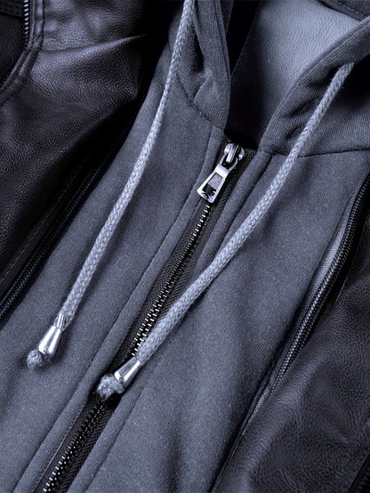 Men's Casual Stand Collar PU PU Leather Zip-Up Motorcycle Bomber Jacket with Removable Hood