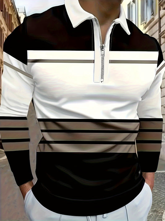 Men's Long Sleeved Zipper Collar Shirt Striped Fashion Spring And Autumn Polo Shirt Collar