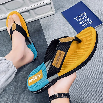 Men's Summer Flip-Flops - Non-Slip, Odor-Resistant Beach Sandals with Arch Support, Green & Yellow Striped Design, Comfortable EVA Upper & Rubber Sole for Everyday and Casual Wear, Leisure Comfort | Casual Style | Durable San