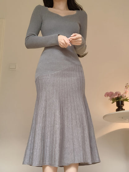 Long Sleeve V-Neck Knit Dress, Polyester, Polyamide, Viscose Blend, Middle Eastern Style, Autumn/Winter, Floor-Length, A-Line, Hand Wash Or Dry Clean