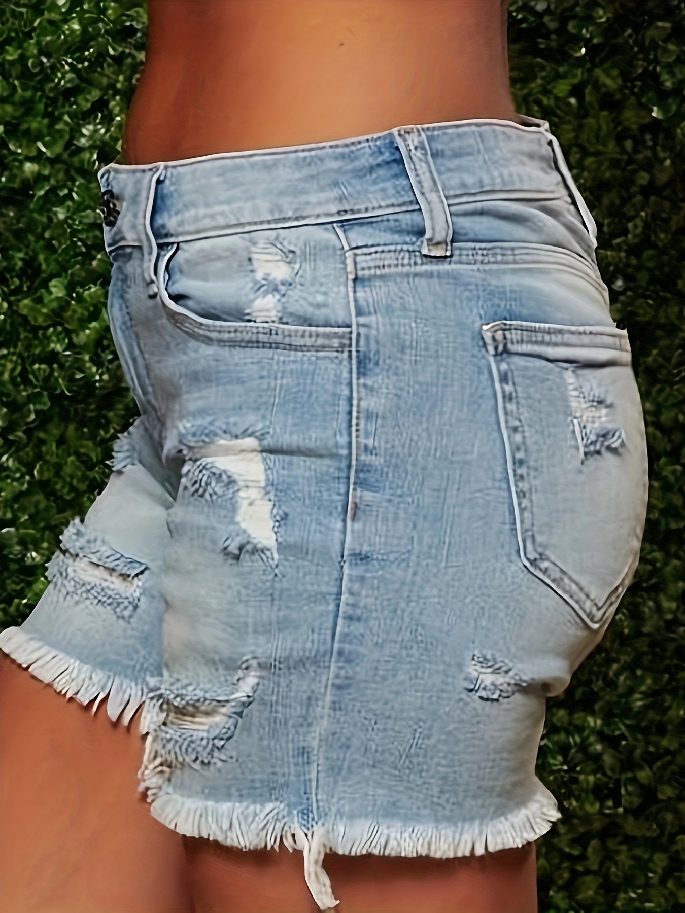 Women's retro washed ripped shorts- comfortable fit, faux gray with frayed edges and worn-out details, casual summer style, polyester blend, washable, shorts