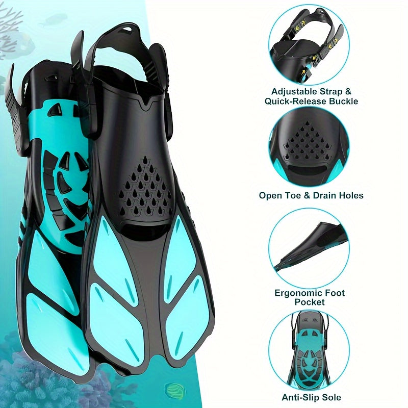 [Popular Choice] Qingsong Adjustable Snorkeling Fins with Buckles, Open Heel Design, Short Travel Swim Fins for Adults - Men and Women, Black