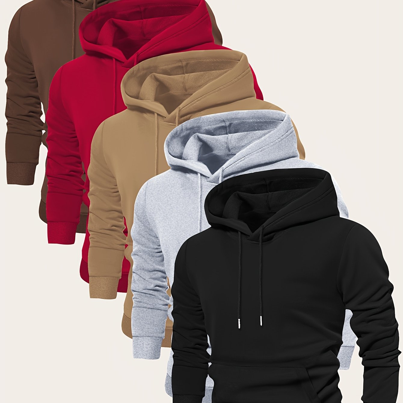 5pcs Men's Long Sleeve Hoodies, Solid Color Polyester Pullovers with Drawstring and Kangaroo Pocket, Casual Sports Jogging Tops for Spring/Fall - Regular Fit Knit Fabric Hooded Sweatshirts