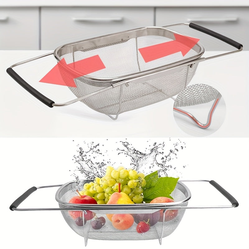 Expandable Stainless Steel Filter with Fine Mesh And Drain Basket - Suitable for Vegetables And Fruits, Kitchen Essentials, Food Safety, Filtered Vegetables