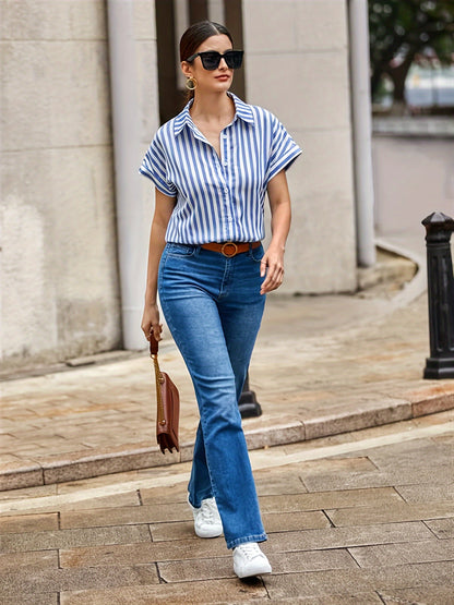 Chic Striped Button-Up Shirt - Breathable Short Sleeve Design for Trendy Summer Style, Women’s Fashion Wear