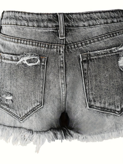 Ladies, Summer Mid-Waist Ripped Stretch Jeans, Shorts, Frayed Burrs, Burrs Hem, Casual Straight-Breasted Denim Shorts