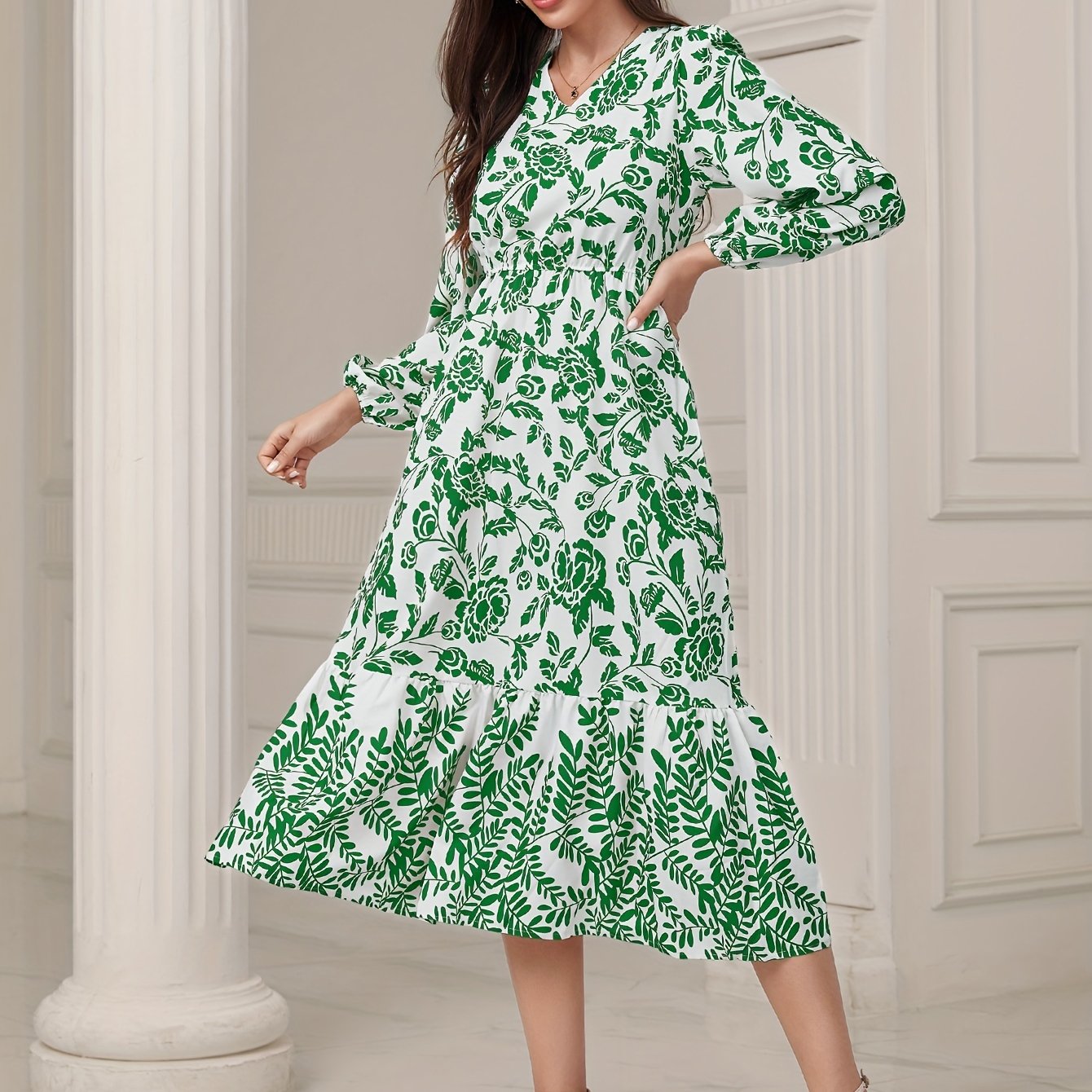 Floral & Leaves Print V-neck Dress, Elegant Elastic Waist Long Sleeve Dress For Spring & Fall, Women's Clothing