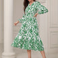 Floral & Leaves Print V-neck Dress, Elegant Elastic Waist Long Sleeve Dress For Spring & Fall, Women's Clothing