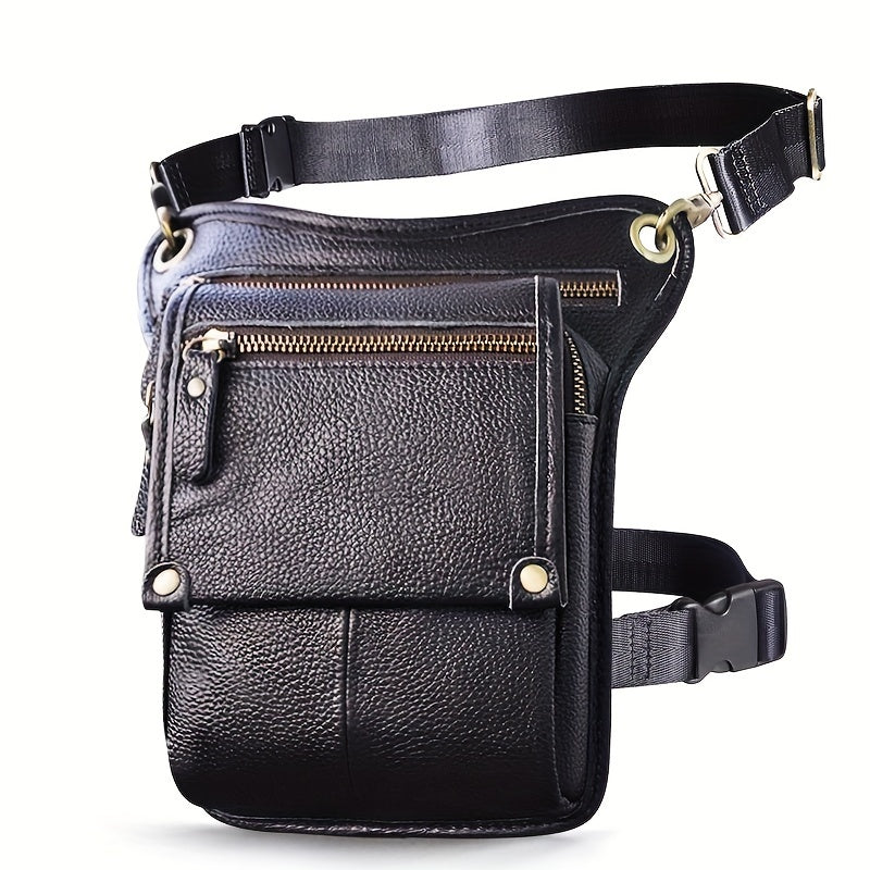 Men's Genuine Leather Vintage Sling Bag - Casual Classic Brown Travel Fanny Pack with Multiple Zippered Pockets & Adjustable Strap