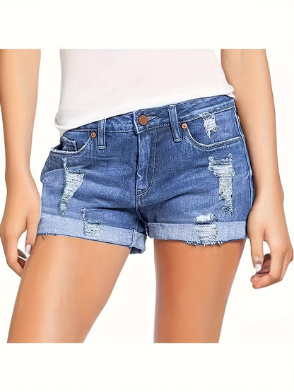 Women's High Waist Ripped Denim Shorts - Distressed Summer Fashion, Breathable Stretch Jeans with Rolled Hem, Casual Blue Denim Shorts for Spring/Summer, Jean Shorts