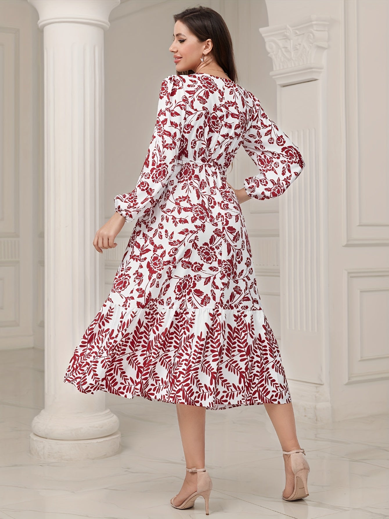 Floral & Leaves Print V-neck Dress, Elegant Elastic Waist Long Sleeve Dress For Spring & Fall, Women's Clothing