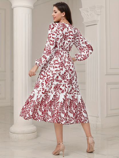 Floral & Leaves Print V-neck Dress, Elegant Elastic Waist Long Sleeve Dress For Spring & Fall, Women's Clothing
