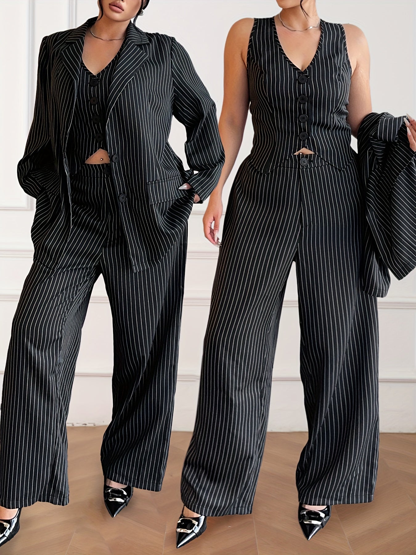 Large Size Women's Striped Long Sleeve Suit Jacket with V-Neck Vest and Trousers, Three-Piece Suit for Commuting and Parties