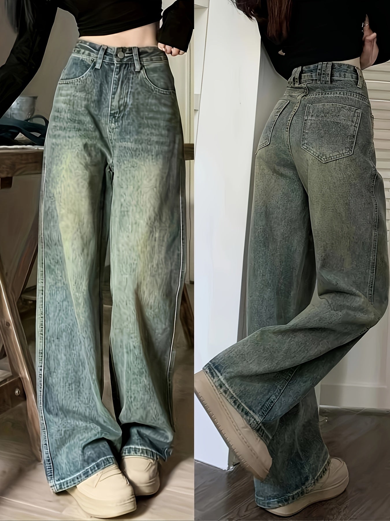 Retro Style Distressed Washed Plain Loose Fit Wide Leg Washed Blue Casual Style Zipper Button Closure Denim Pants, Women's Denim Jeans & Clothing