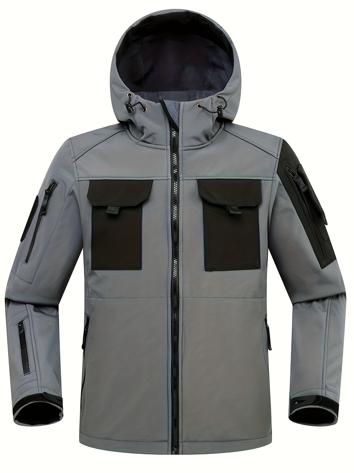 Men's Outdoor Zip Up Softshell Jacket With Pockets, Waterproof, Scratch Resistant And Warm Hooded Jacket For Outdoors