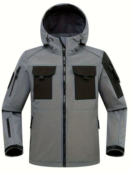 Men's Outdoor Zip Up Softshell Jacket With Pockets, Waterproof, Scratch Resistant And Warm Hooded Jacket For Outdoors