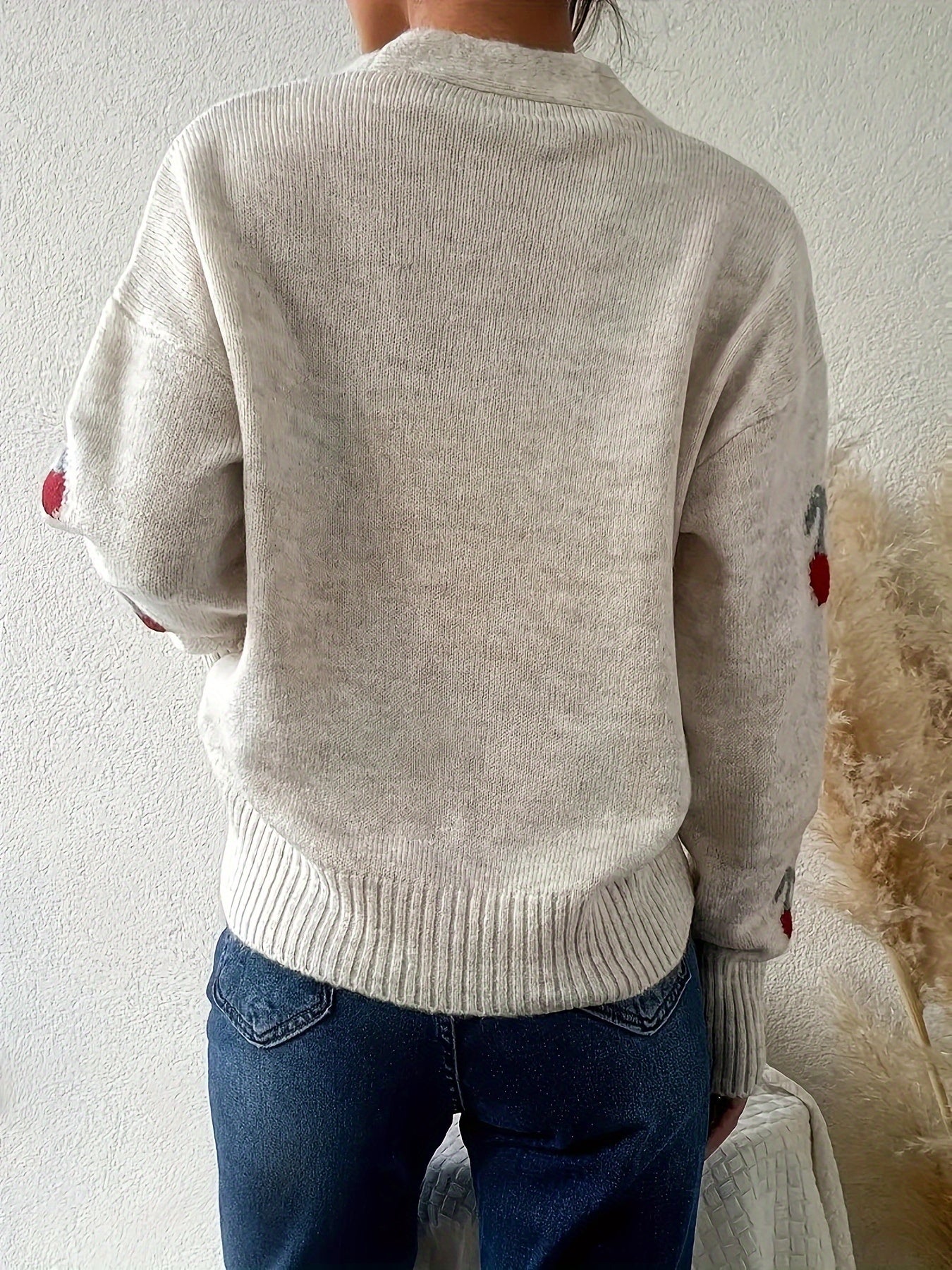 Elegant Cherry-Embellished V-Neck Cardigan - Cozy Knit Sweater for Women, Perfect for Fall/Winter