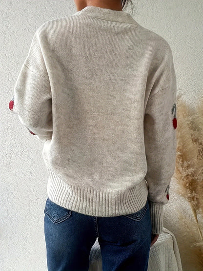 Elegant Cherry-Embellished V-Neck Cardigan - Cozy Knit Sweater for Women, Perfect for Fall/Winter