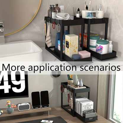 Under Sink Organizer 2 Pack, Kitchen Cabinet Organizer, 2 Tier Sliding Cabinet Basket Organizer Drawer, Multi-Purpose Bath Collection Baskets for Kitchen Under Counter Storage Organizer with 8 Hooks