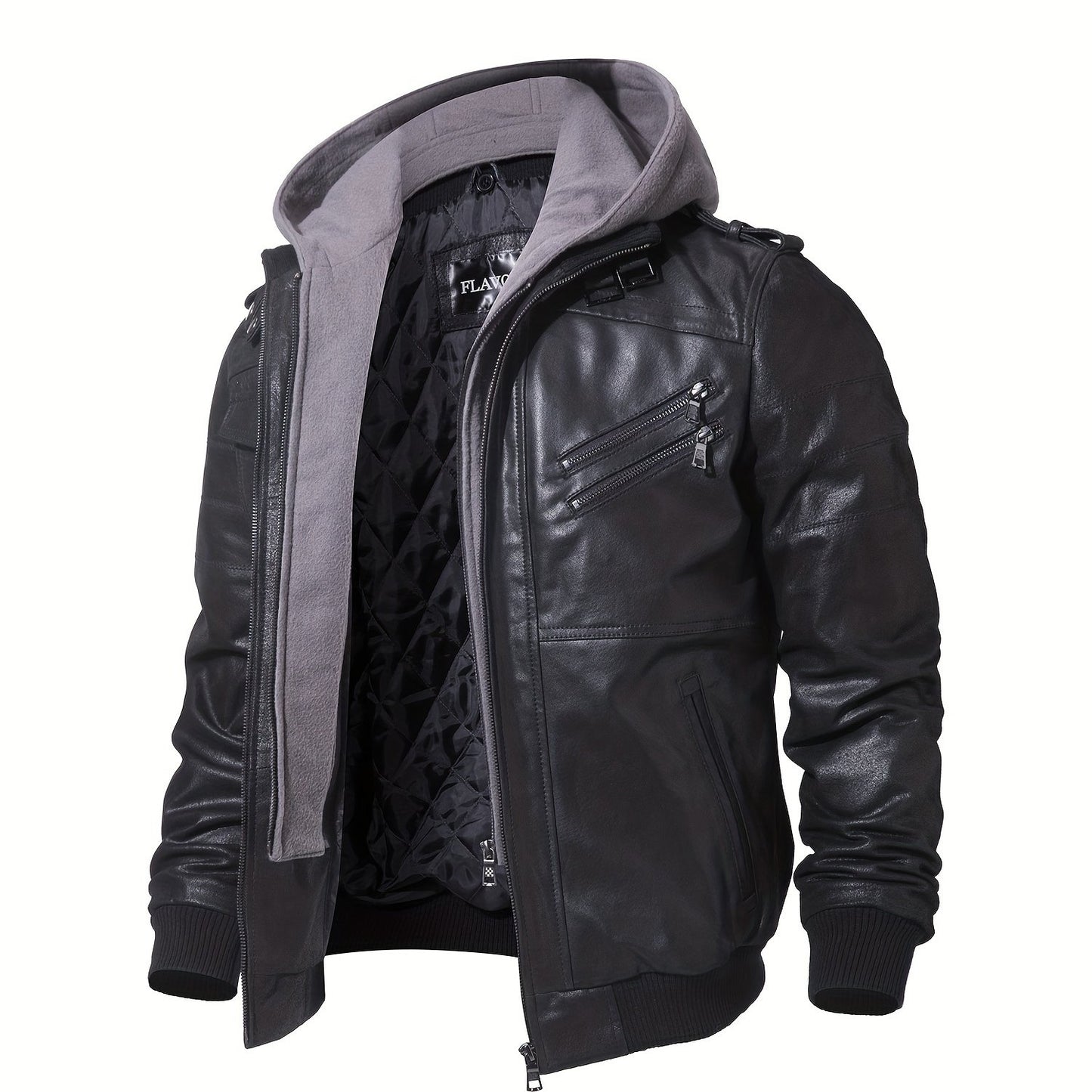 Men's Brown Leather Motorcycle Jacket with Removable Hood - FLAVOR