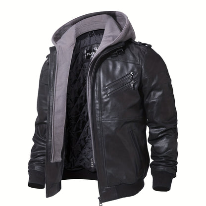 Men's Brown Leather Motorcycle Jacket with Removable Hood - FLAVOR
