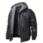 Men's Brown Leather Motorcycle Jacket with Removable Hood - FLAVOR
