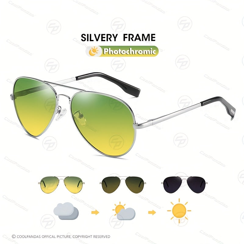 Stylish Pilot Glasses with Polarized And Photochromic Lenses for Driving Both Day And Night.