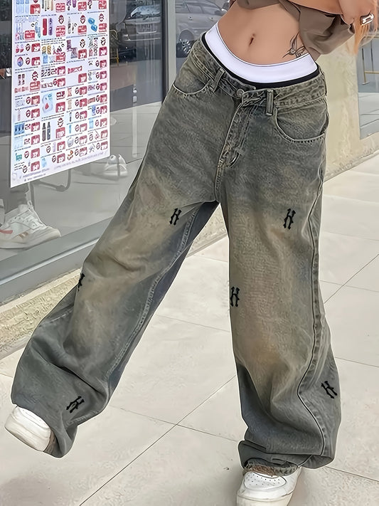 Letter Decor Vintage Washed Low Waist Y2K Baggy Jeans, Loose Fit Streetwear Wide Leg Boyfriend Denim Pants, Women's Denim Jeans & Clothing