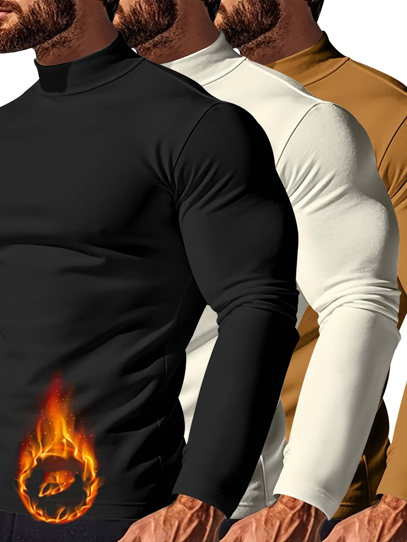 Men's 3pcs Set: Cozy Turtleneck Sweatshirts - Long Sleeve, Casual Pullover for Fall/Winter, Polyester Blend